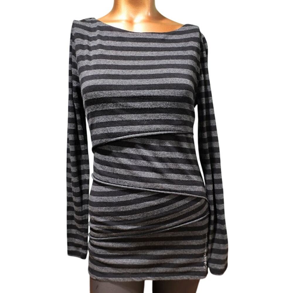 Calvin‎ Klein Performance Tiered Striped Long Sleeve Tunic, Blk/Gray, Sz M